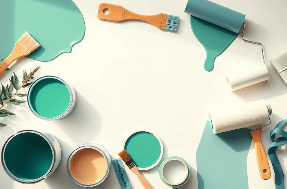 Pots de peinture, nuancier, brosses et rouleaux disposés à plat