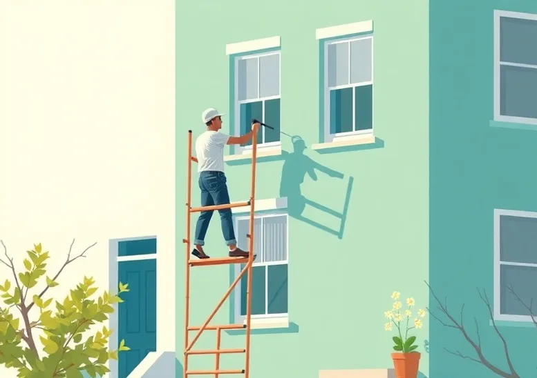 Peintre sur échafaudage traitant la façade d'une maison