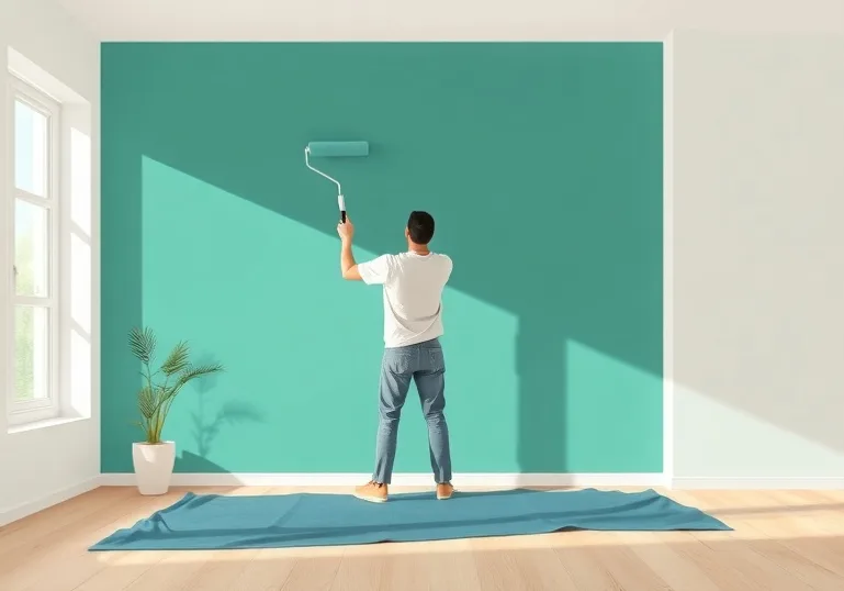 Peintre appliquant la peinture au rouleau sur un mur de salon